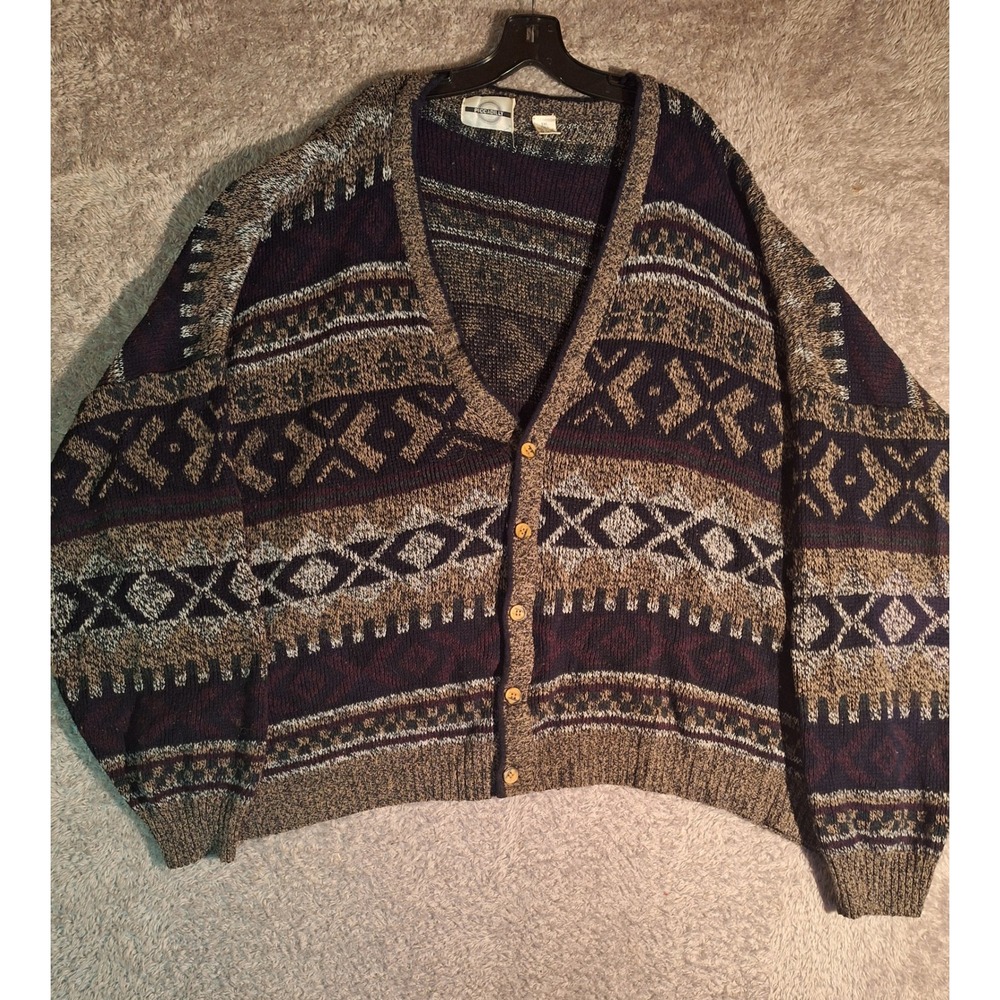 Piccadilly Vintage Fair Isle Knit Cardigan Mens 5XL Tall Brown Burgundy Academia